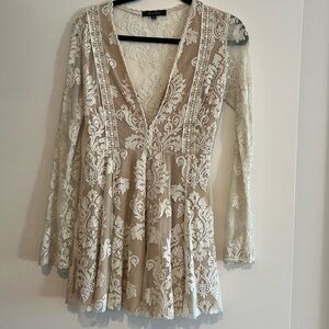 Honey Punch Beige mini dress with White Lace Overlay